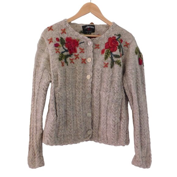 Vtg Lost Horizons Womens Hand Knit Cardigan Nepal Chunky Wool 3D Cropped Medium - Picture 1 of 8